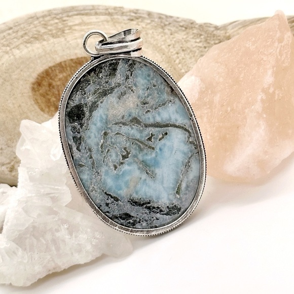 HUGE Larimar Natural Silver Healing Gemstone Crystal Necklace - Picture 2 of 4